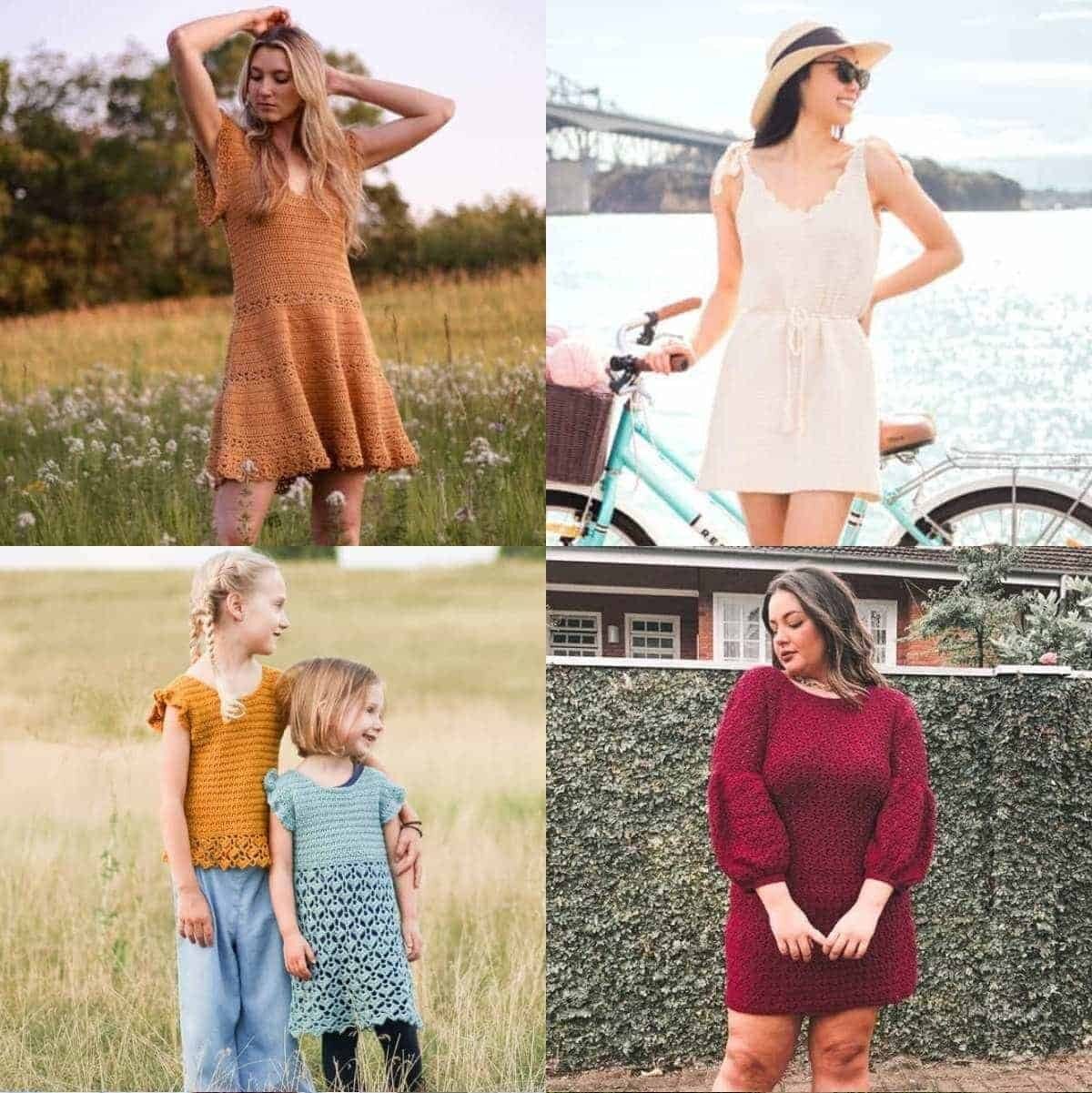 Before and after comparison showing evolution from basic granny square crochet dress to modern fitted trendy design