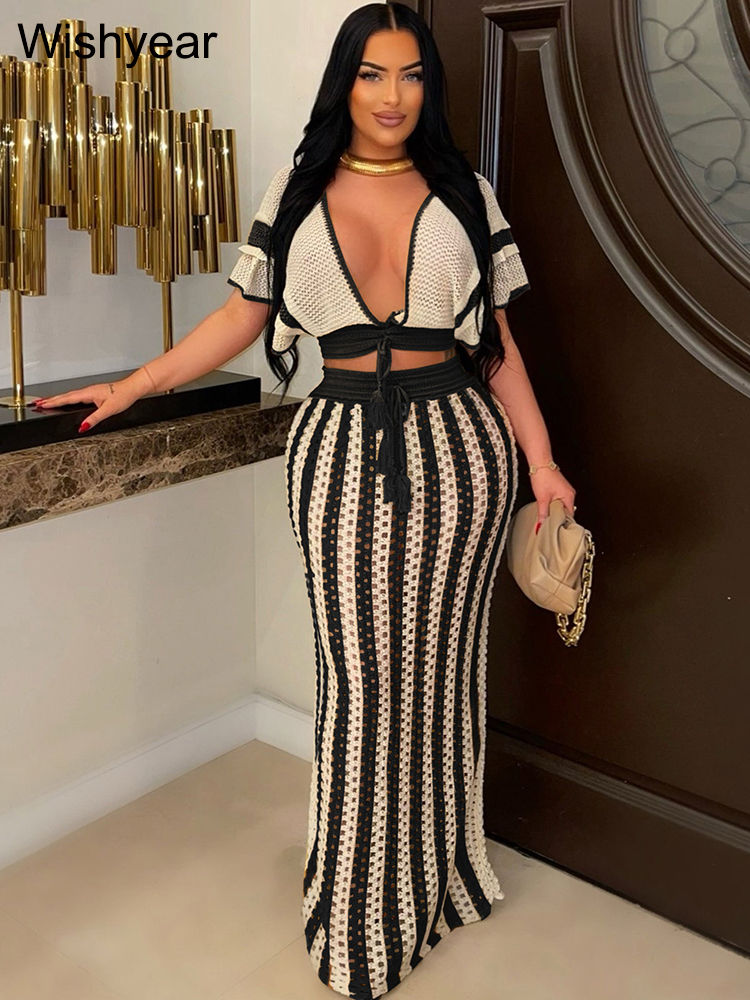 Elegant Knitted Crochet Beach Black Stripe Two 2 Pieces Women Crop Tops and  Long Skirts Matching Set Holiday Birthday Outfits - AliExpress 200000345
