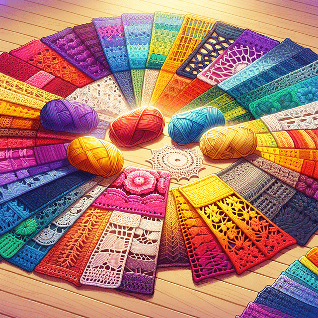 colorful crochet swatches laid out for comparison