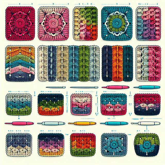crocheted swatches in various colors