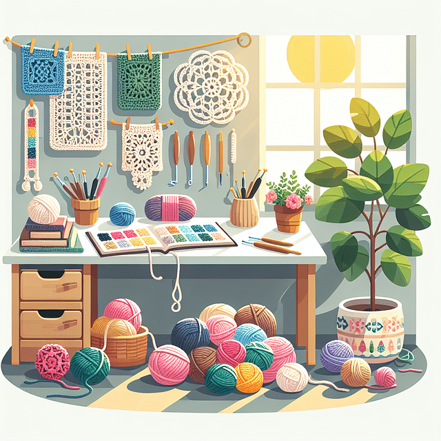 personalized crochet nook with art, finished pieces, and a plant