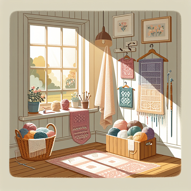 cozy crochet corner by the window with soft lighting