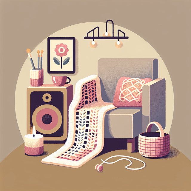 relaxing crochet nook with a throw blanket, scented candle, and speaker