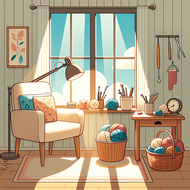 crochet nook with natural light and adjustable task lamp