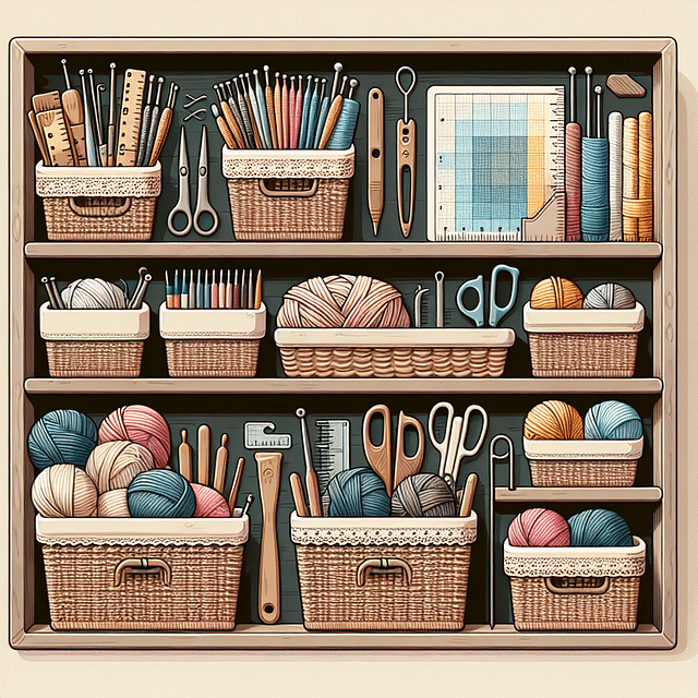 organized crochet tools in stylish baskets and shelves