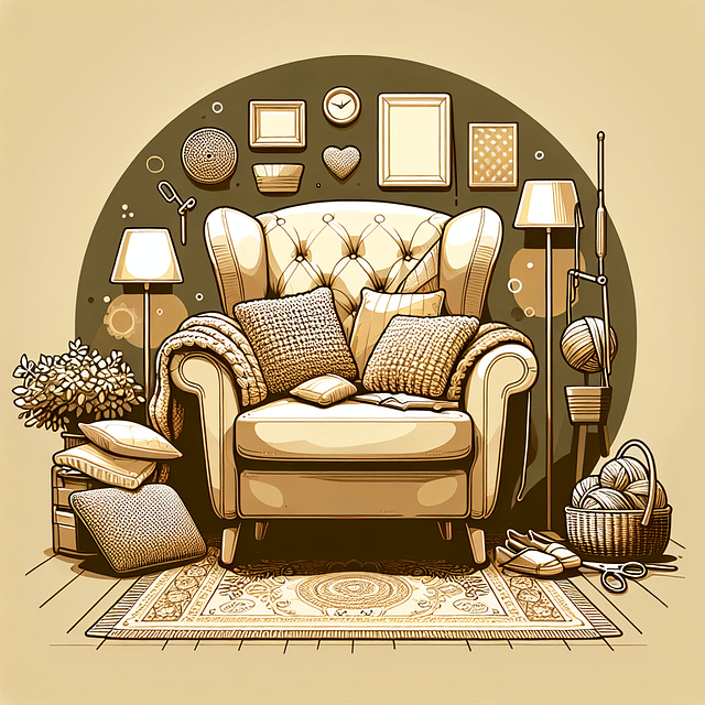comfortable cushioned armchair with pillows for crochet