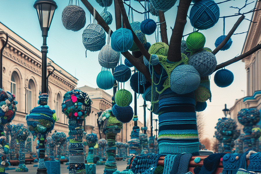blue green yarn bombing