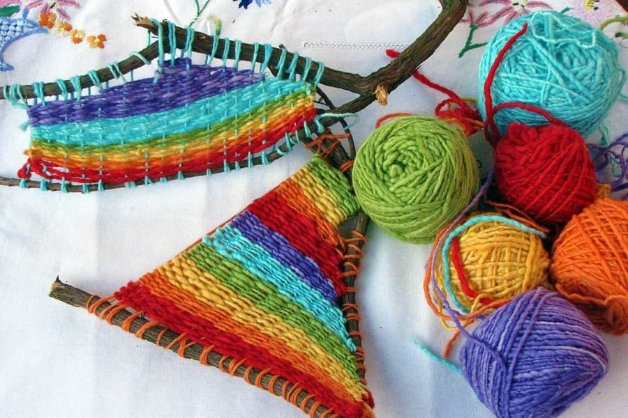 colorful geometric yarn bombing