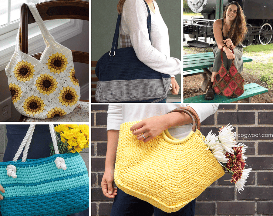 Variety of beautifully crocheted bags in different patterns and colors