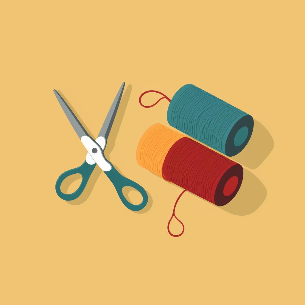 Crochet hook, yarn, scissors, and a yarn needle on a table