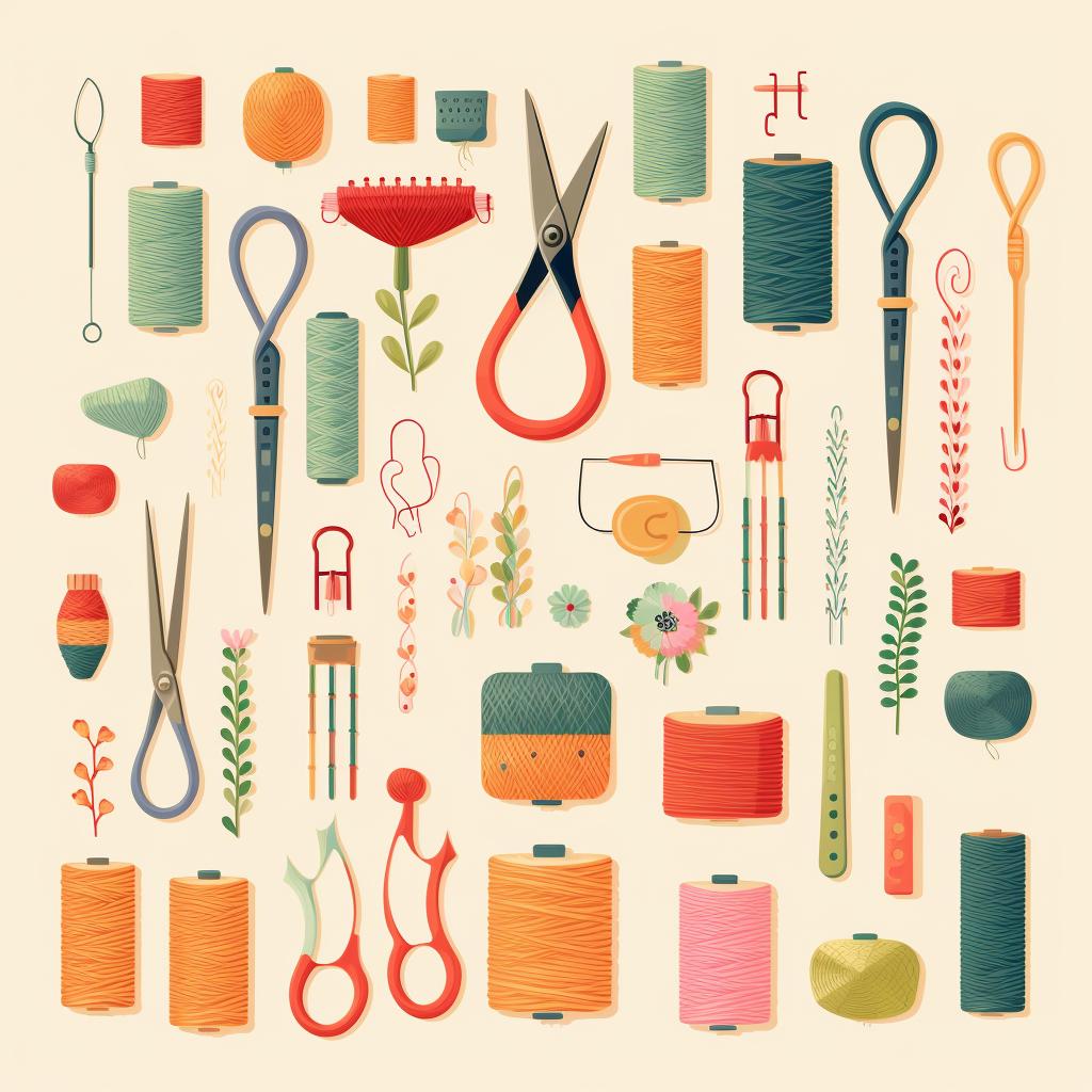 A collection of crochet materials including yarn, a crochet hook, a yarn needle, and scissors.