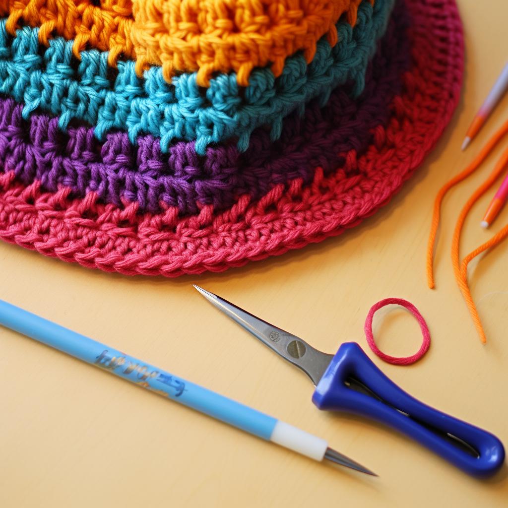 Crochet hat in progress with stitch marker