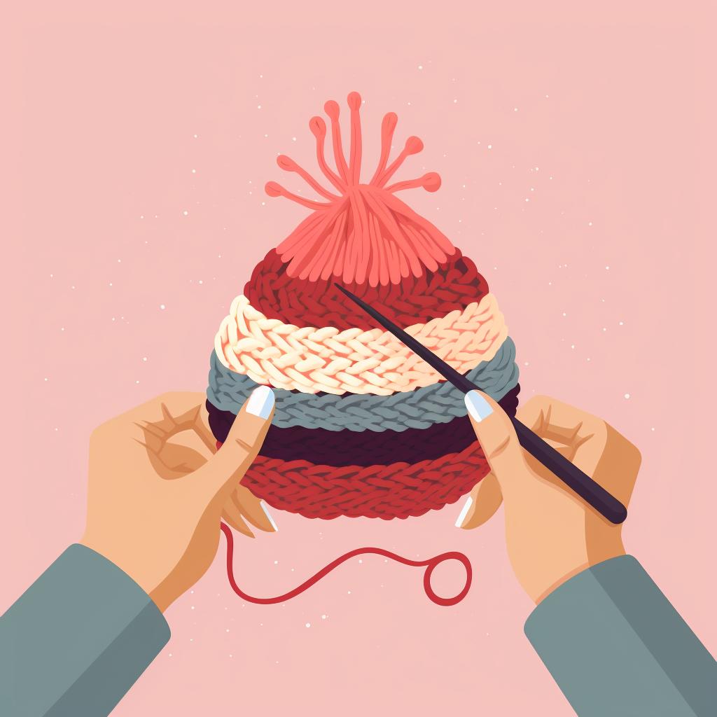 Hands weaving the yarn tail into the finished crochet hat using a yarn needle.
