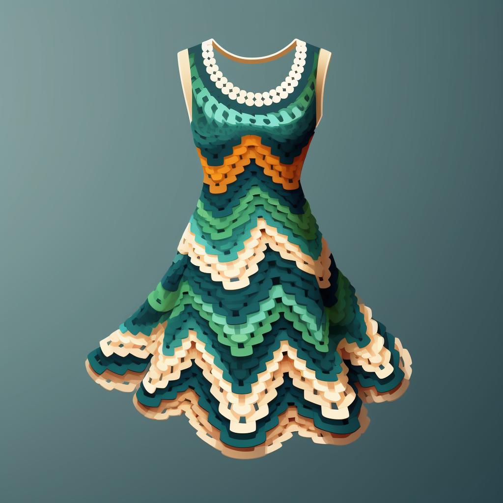 A partially completed crochet dress with visible areas of increase and decrease