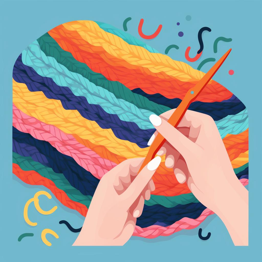 Hands crocheting a double crochet stitch with colorful yarn