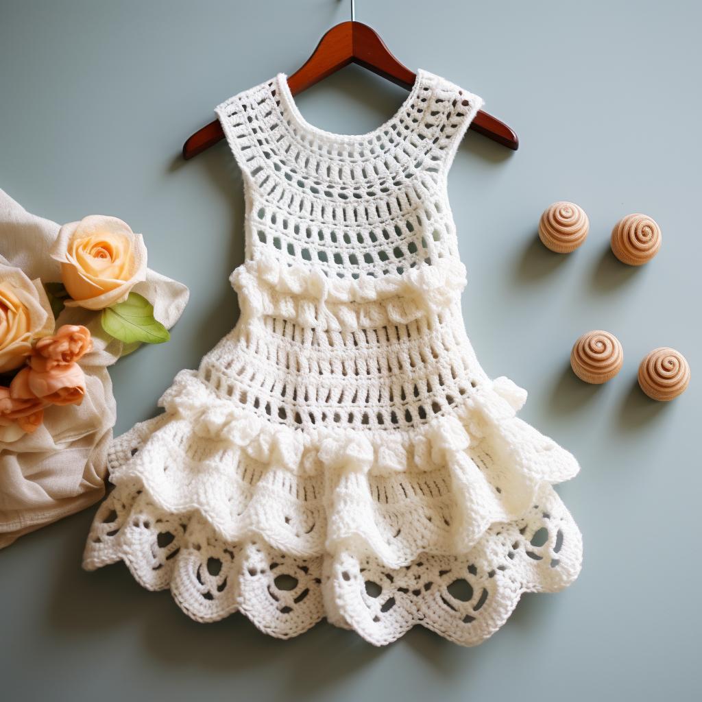 A nearly finished crochet babydoll dress on a flat surface
