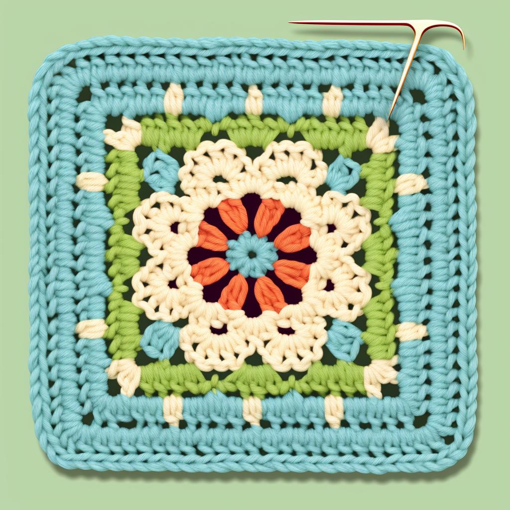A double crochet stitch being performed on a granny square.
