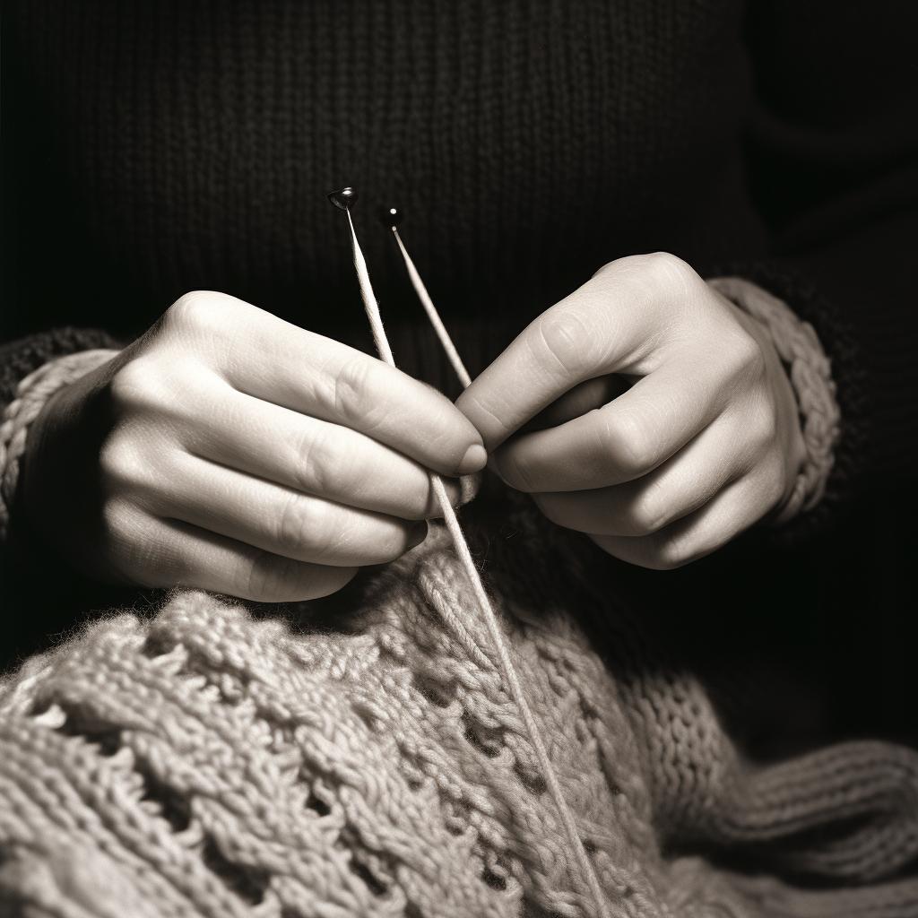 Close-up of hands crocheting, following a pattern