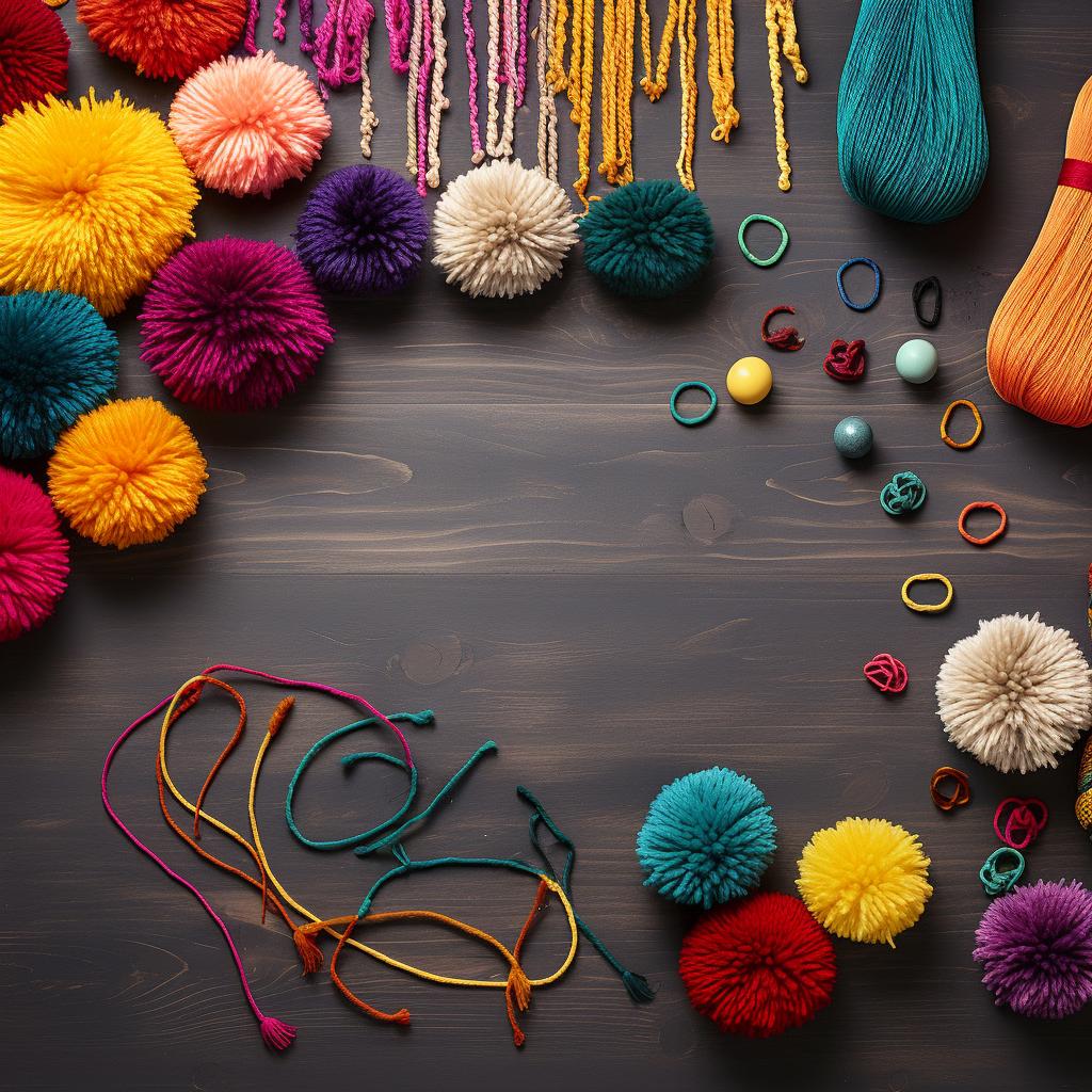 Materials for crocheting a pompom garland laid out on a table