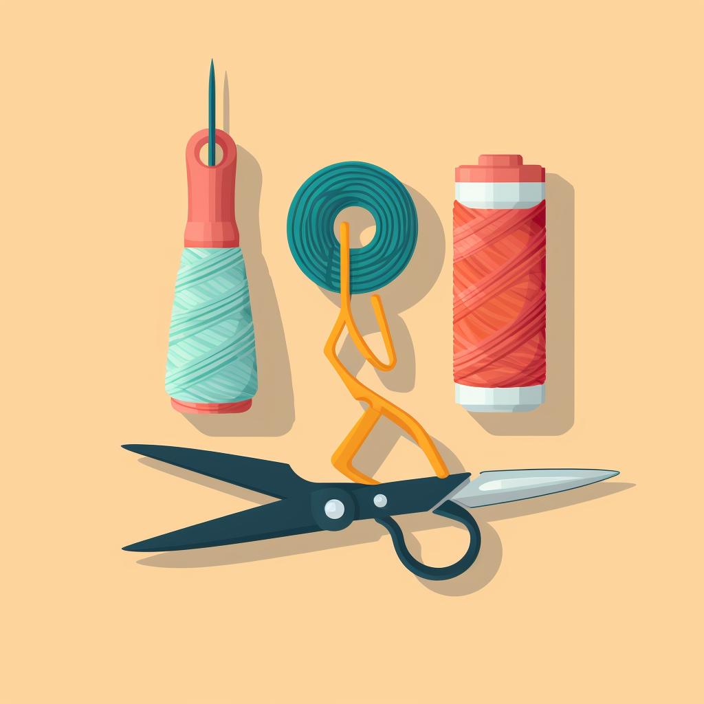 Crochet hook, yarn, and scissors on a table