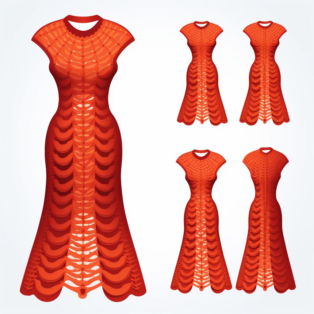 A crochet dress pattern with marked areas for increase and decrease