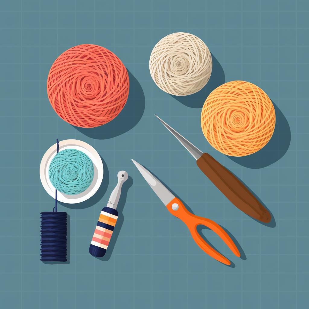 Crochet hook, yarn, and scissors laid out on a table