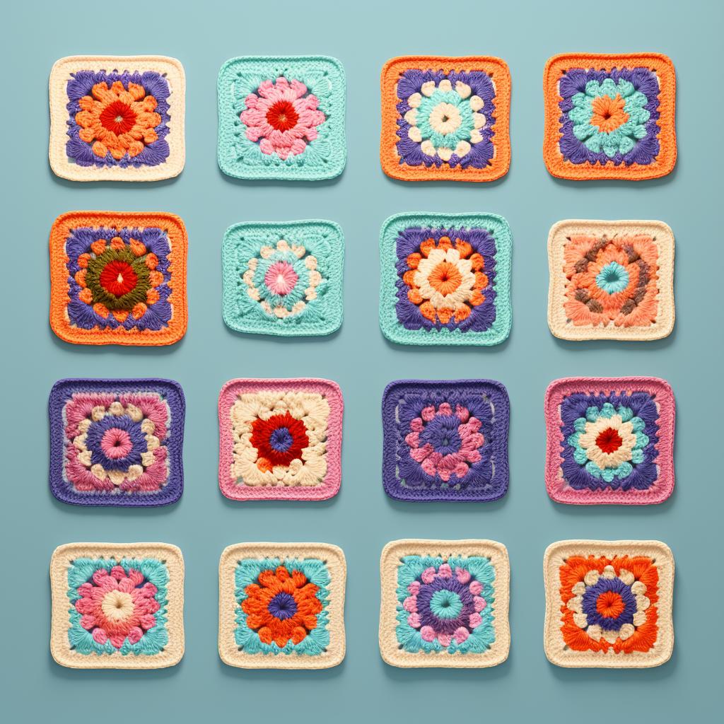 Several granny squares of the same size and pattern laid out on a table.
