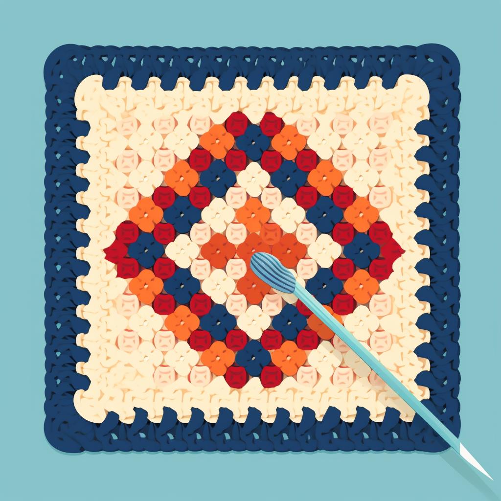 A crochet hook inserted into the corner space of two granny squares, creating a slip stitch.